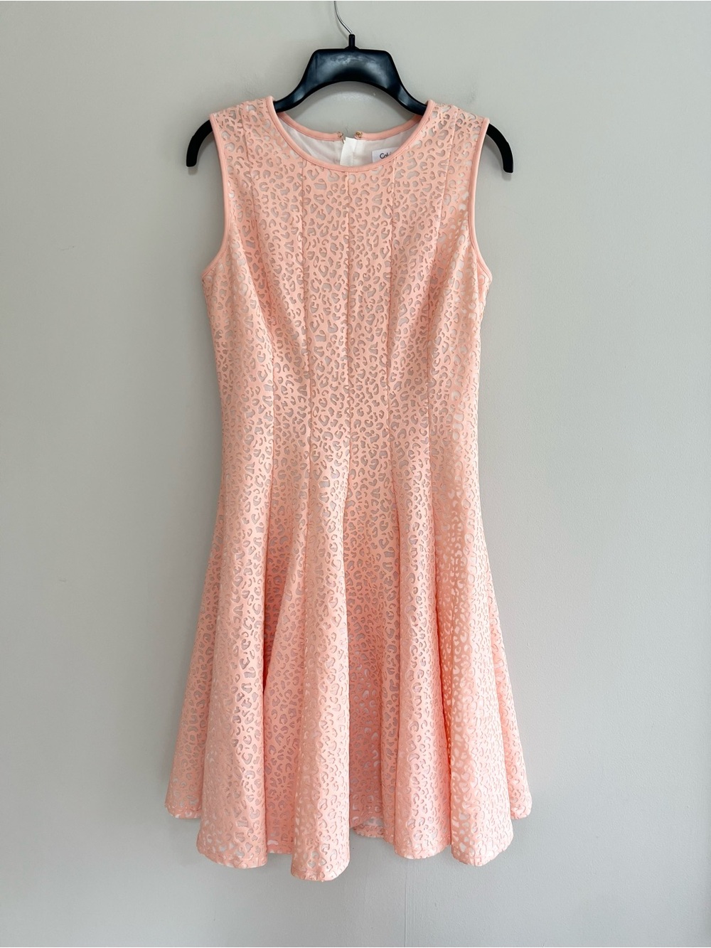 Calvin Klein Sleeveless Laser Cut Perforated Scuba Stretch Flare Dress Pink, 4